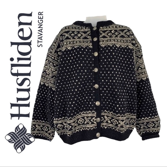 HUSFLIDEN NORGE WOOL SWEATER CARDIGAN 100% WOOL VINTAGE SZ fit Large - Picture 1 of 15